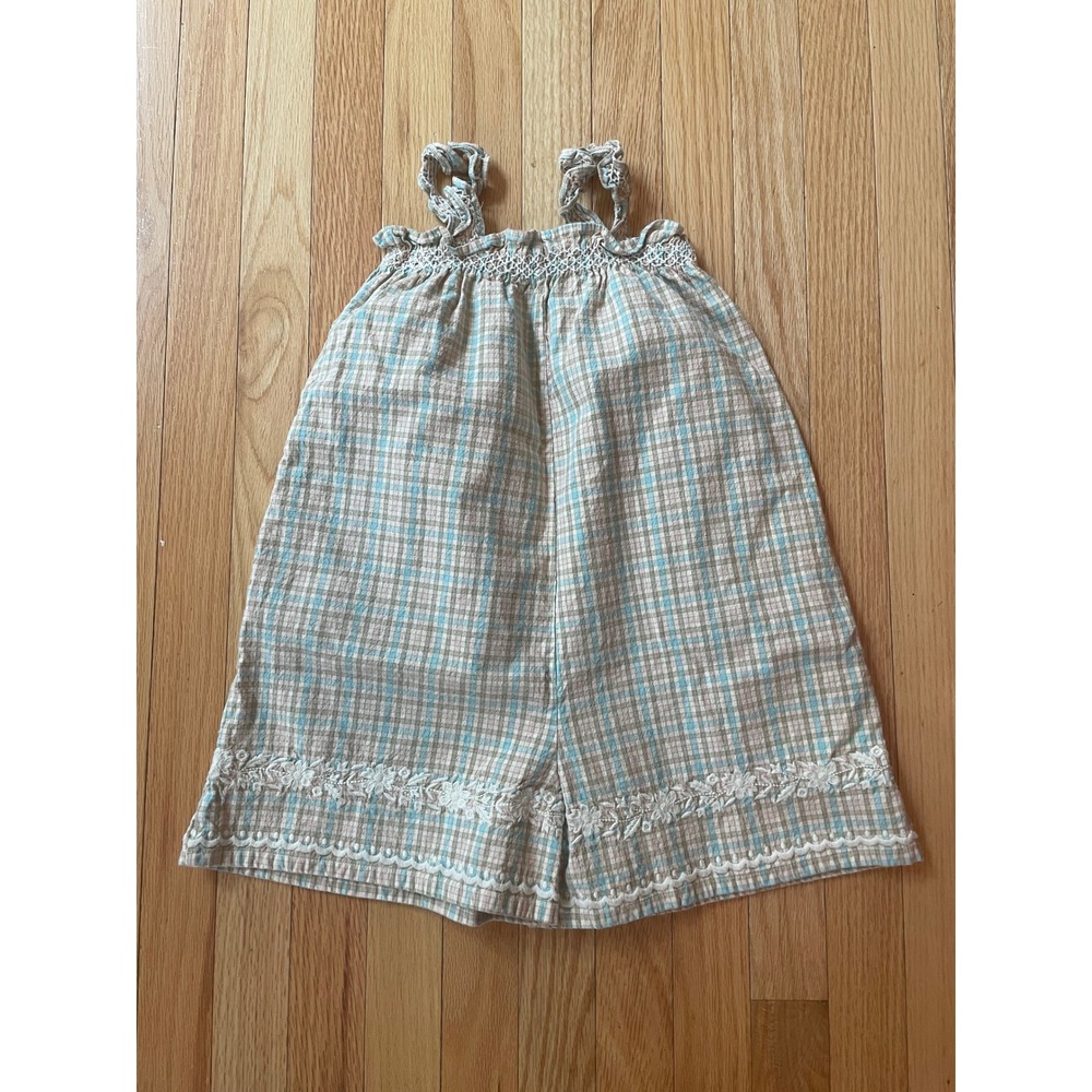 Apolina Kids Girls Pastel Plaid Smocked Romper Floral Embroidery Size 5-7Y